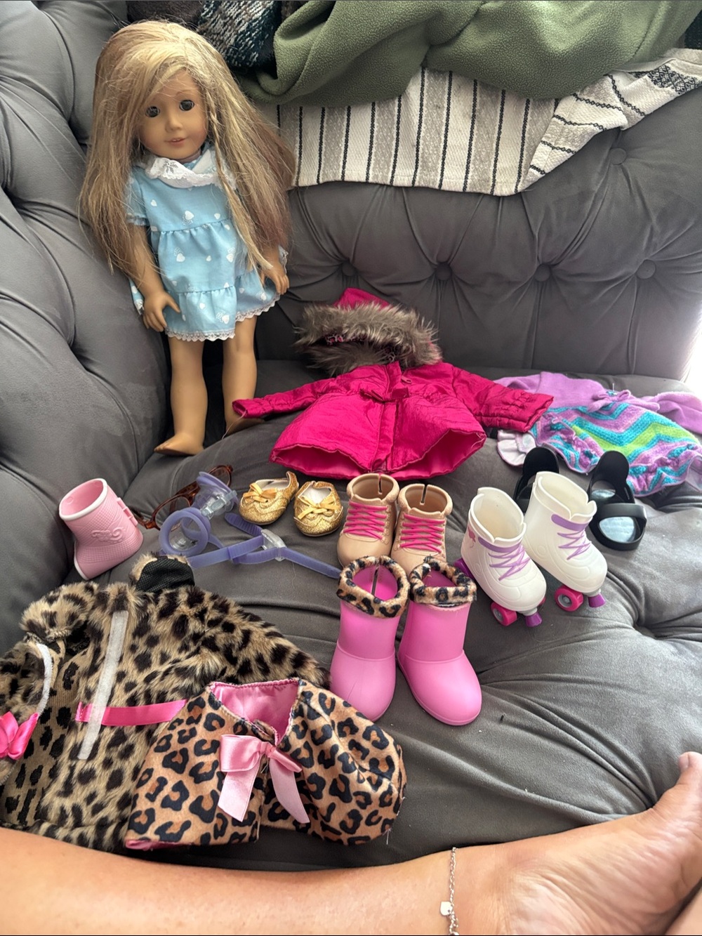 American Girl Doll Winter Outfit Bundle with Pink Coat and Leopard Accessories